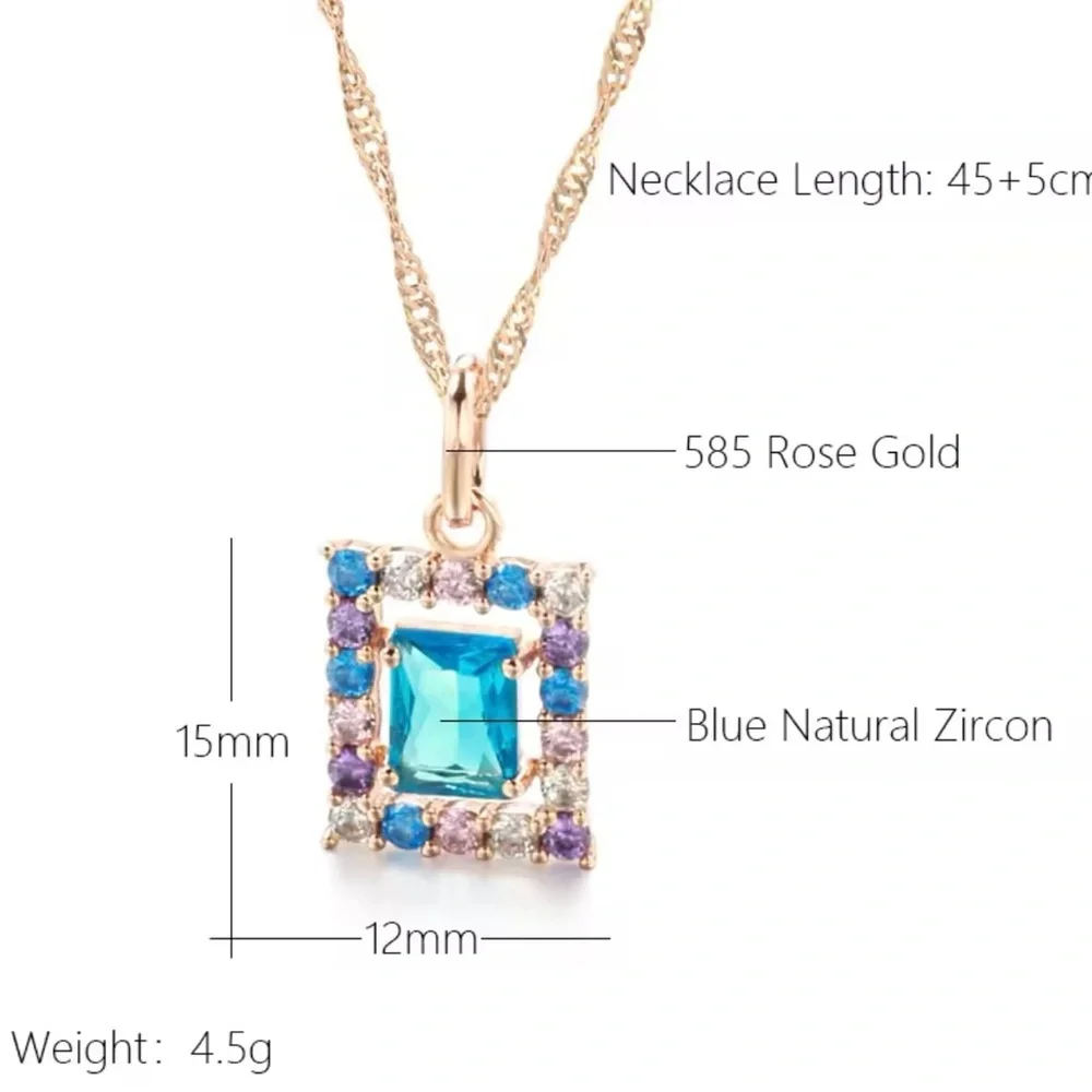 585 Rose Gold Square Pendant Necklace for Women Blue Natural Zircon Necklaces